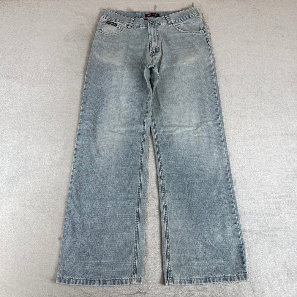 Diesel Wide-Leg Jeans Mens 34x32 Blue Denim Distressed Cotton Straight Light